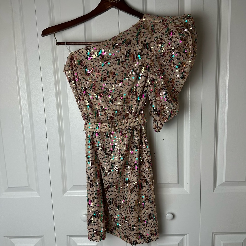 Sabina Musayev sequin one sleeve mini dress with belt.